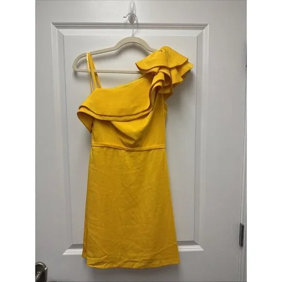 Mac Duggal Size 0 Yellow One Shoulder Ruffle Mini Sheath Cocktail Dress New - Picture 6 of 12